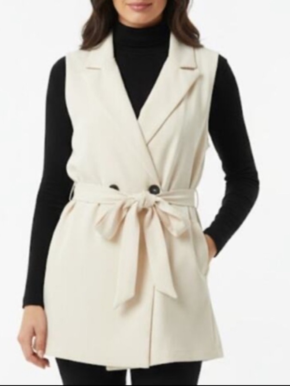 MELLODAY Cream Belted Double Breasted Gilet (Sleeveless Blazer), M